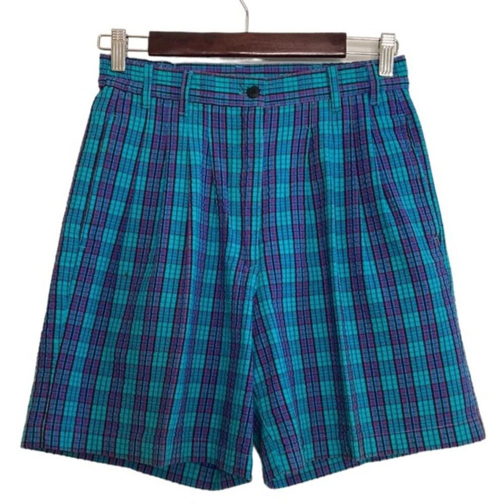Vintage Mom Shorts Womens Small Blue Purple Plaid Cotton Seersucker 90s Preppy